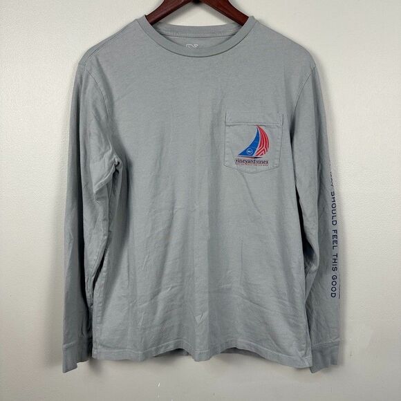 Vineyard Vines Womens Size Small Long Sleeve Shirt Sailboat Grey Patriotic - Picture 1 of 5